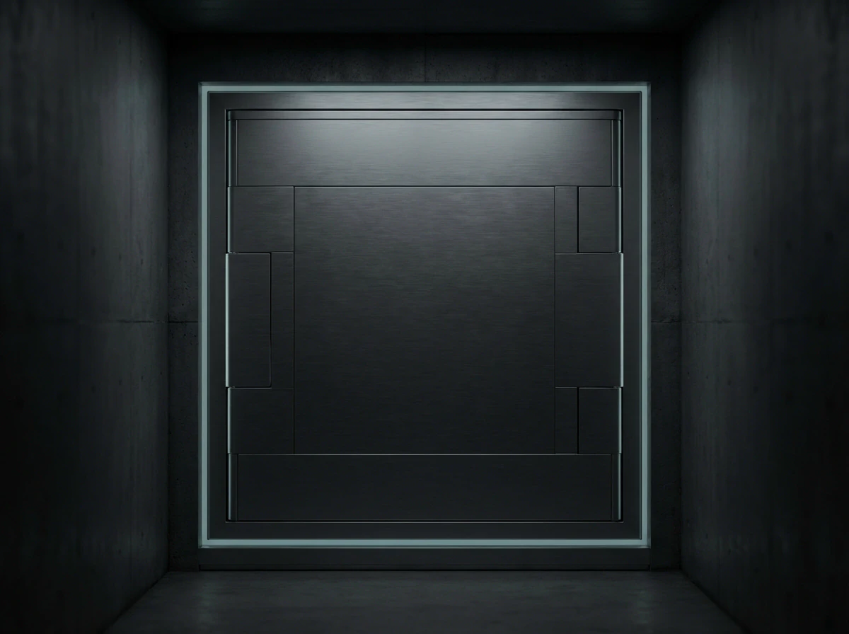 Fortified digital vault with muted teal energy barriers in darkness