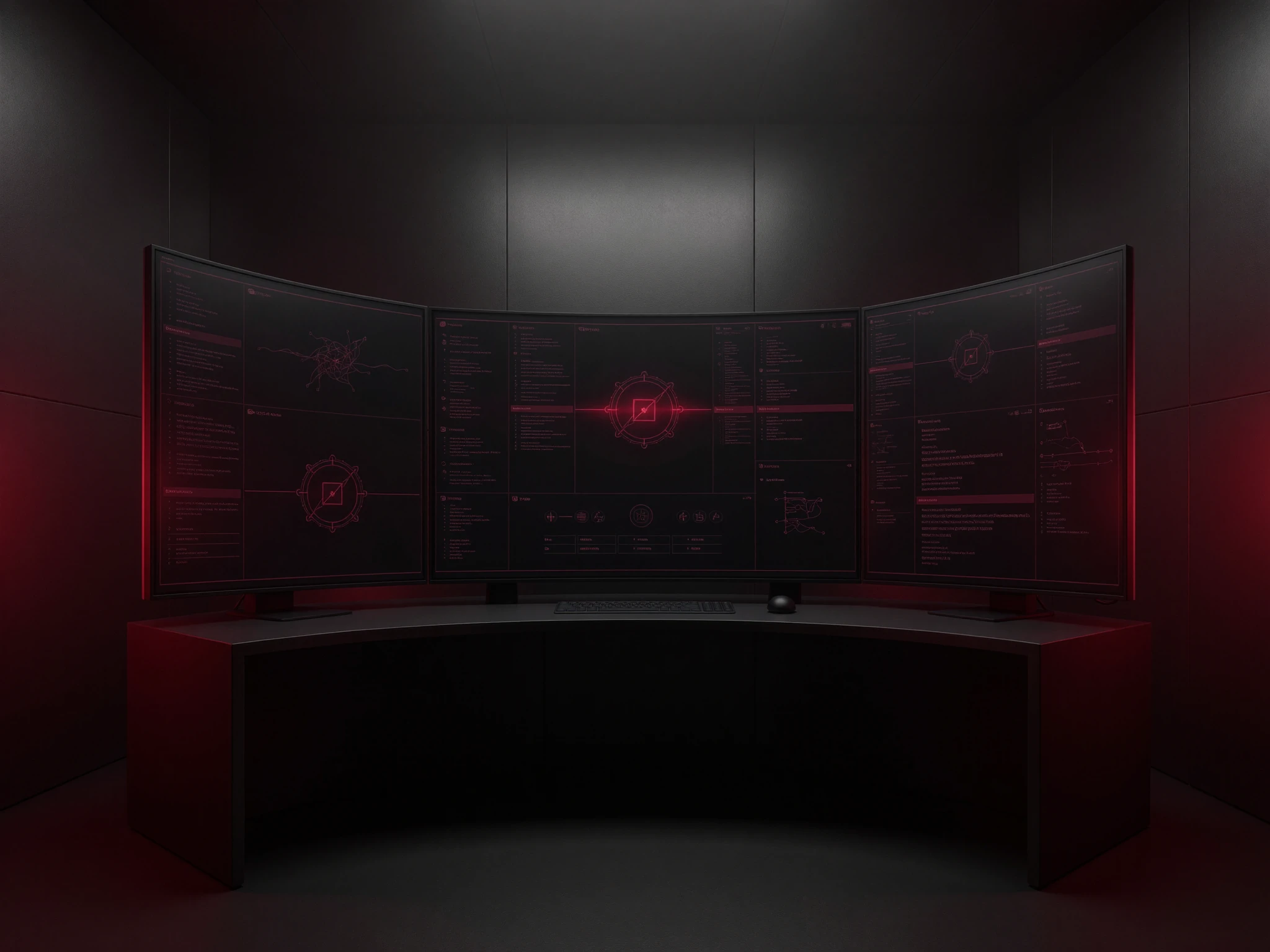 Command center with curved monitors showing security dashboards
