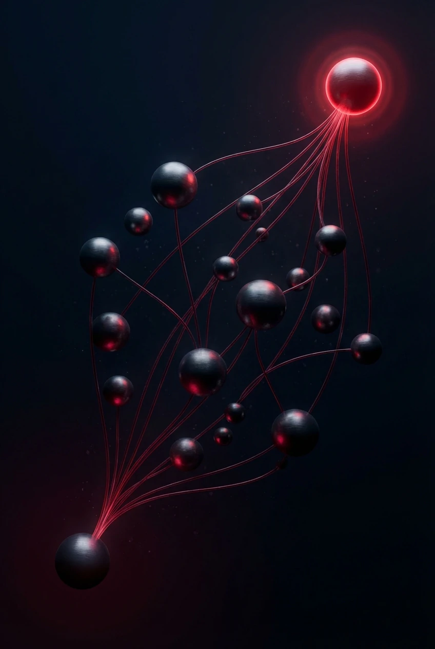 Abstract 3D network topology with luminous crimson threads tracing exploit paths