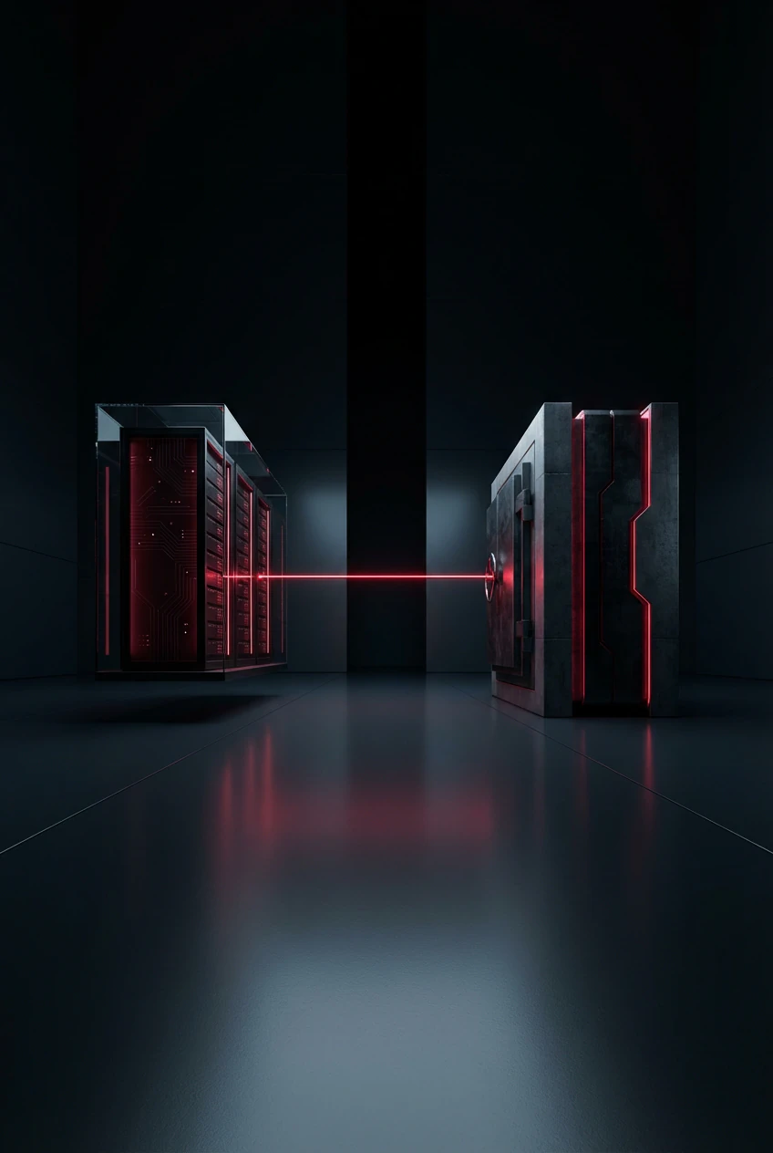 Two architectural forms — glass server rack and vault monolith — connected by crimson light